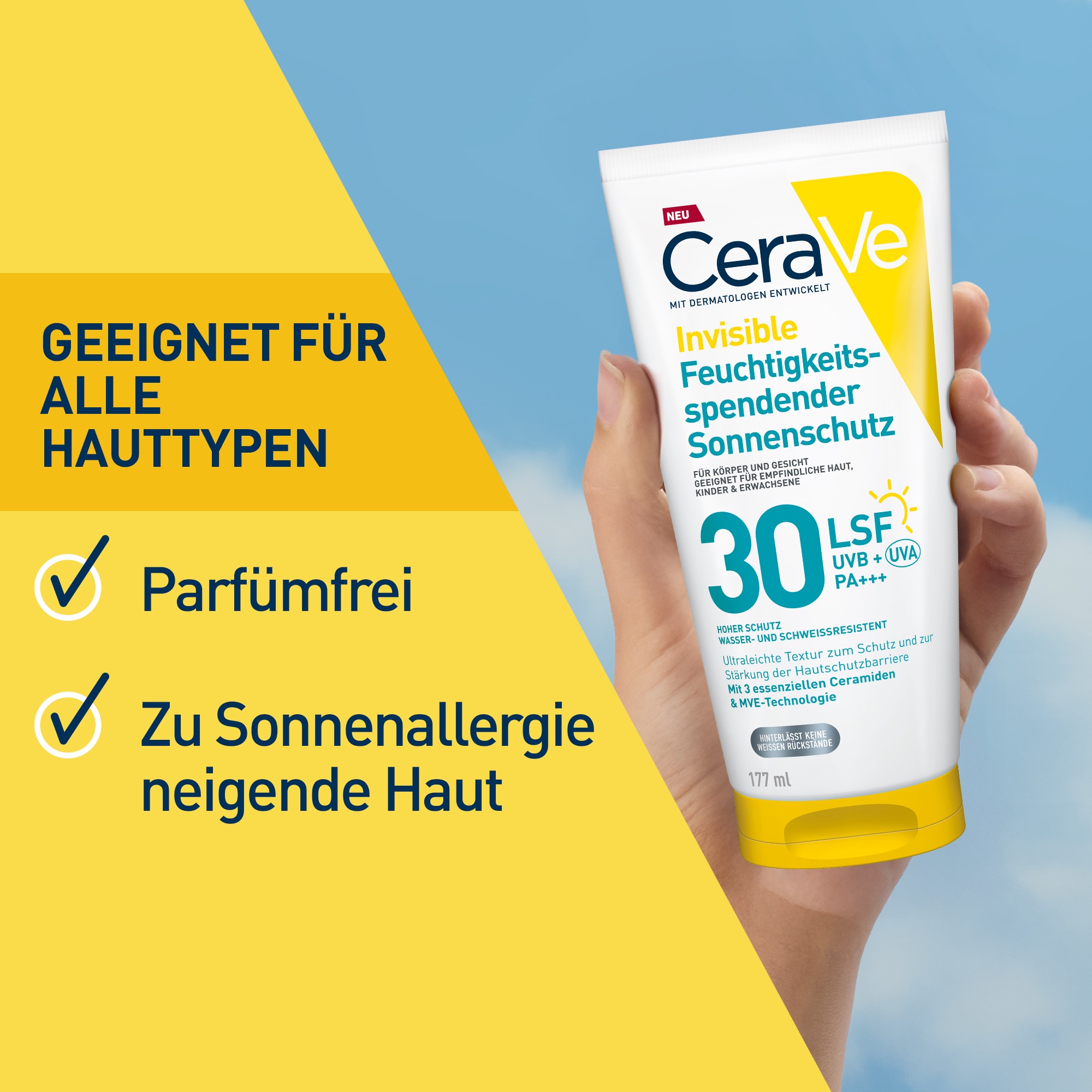CeraVe Invisible Feuchtigkeitsp. Sonnenschutz LSF 30-Tube. Geeignet für alle Hauttypen. Parfümfrei. Für zu Sonnenallergie neigende Haut.